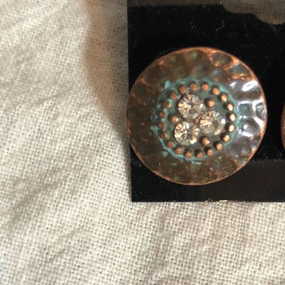 Handcrafted One of a Kind Beaten Round Copper Earrings Rhinestones NEW - Picture 2 of 7